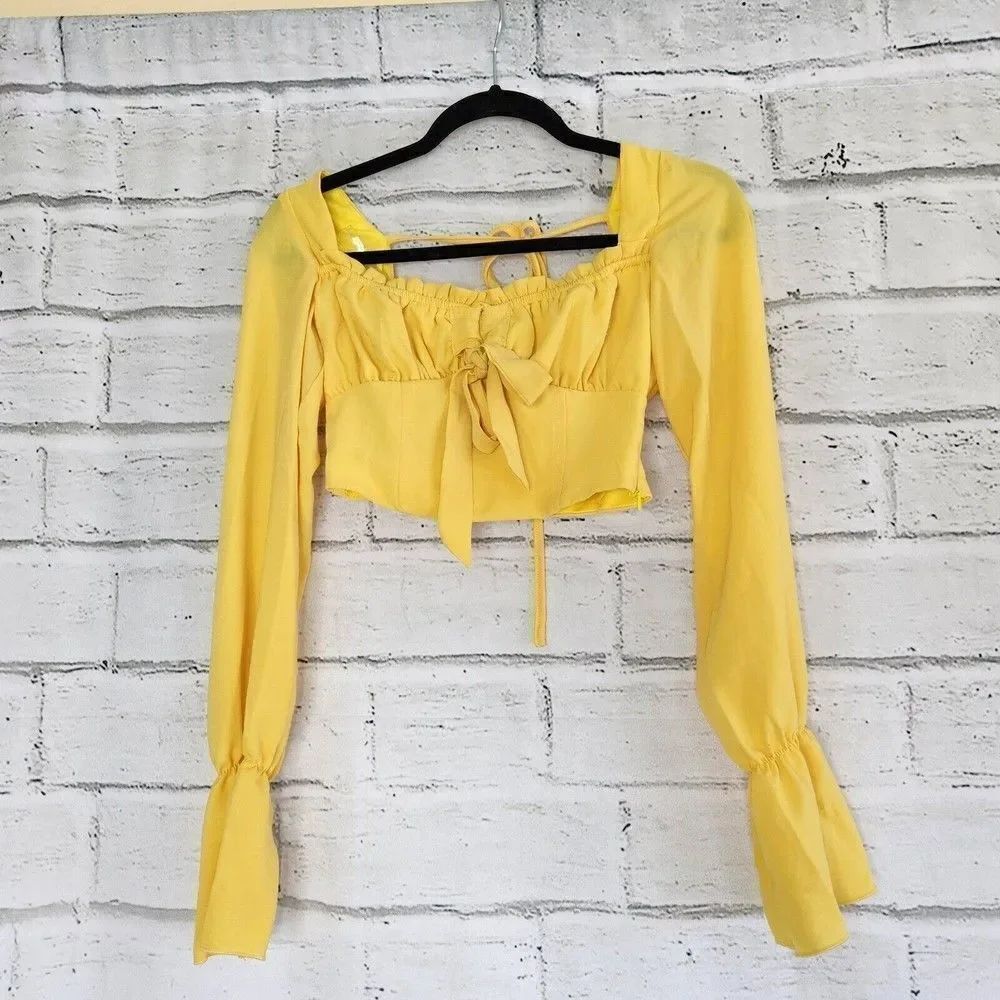 Tiger Mist Ruffle Top Tie Back Long Sleeve Cropped Top Womens XS Yellow